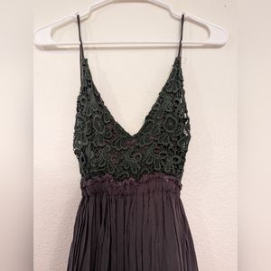 Dark Green maxi dress. Floral crochet top, backless. Size Small